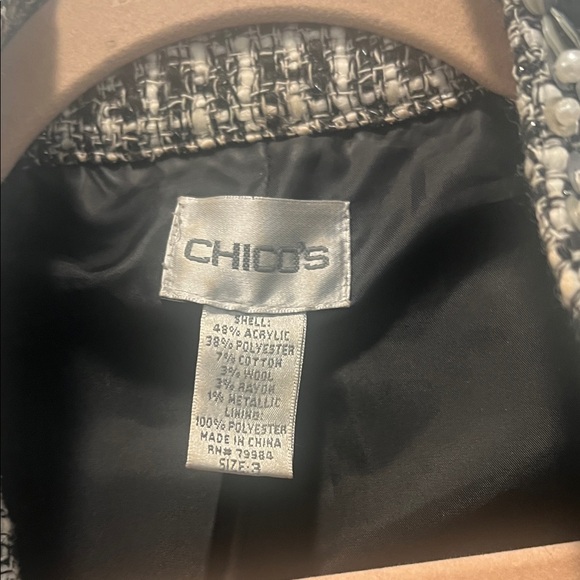 Chico\'s Black and White Tweed Blazer with Pearl Accents